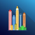 Modern city view with skyscrapers. Urban landscape in flat style. Buildings set. Vector illustration. Royalty Free Stock Photo